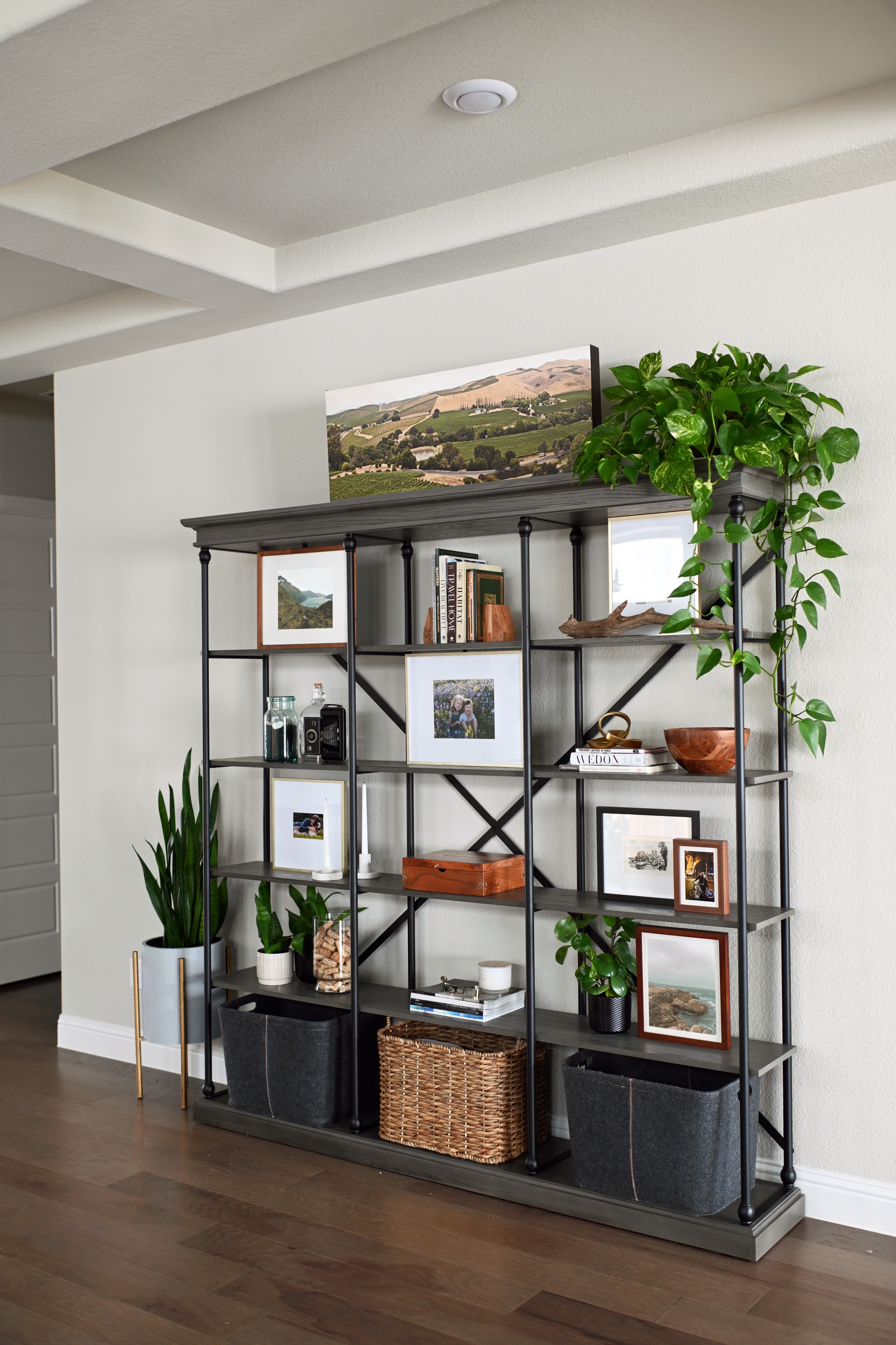 Industrial shelving unit with plants, framed photos, and woven baskets
